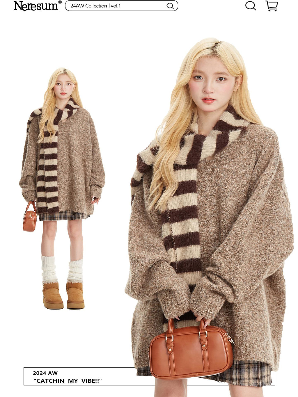 NERESUM Autumn/Winter Sweater Retro Soft Lazy Style V-Neck Loose Oversize Trendy Brand Knit Sweater