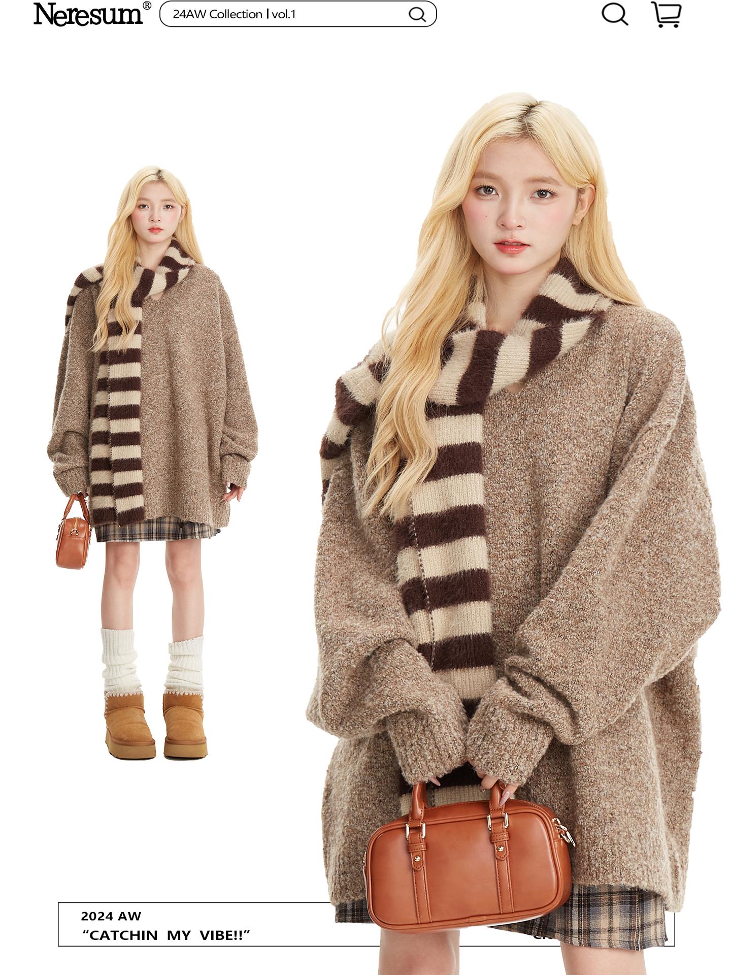 NERESUM Autumn/Winter Sweater Retro Soft Lazy Style V-Neck Loose Oversize Trendy Brand Knit Sweater