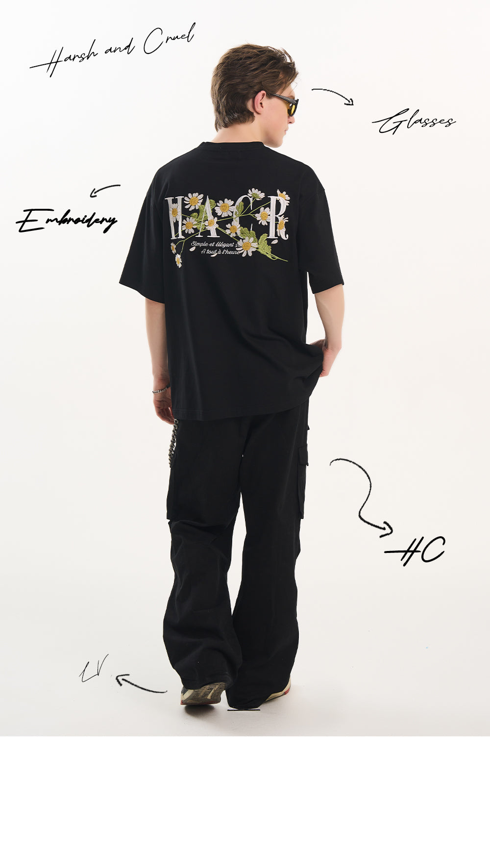 harshandcruel ] floral typography, heavy-duty embroidered tee