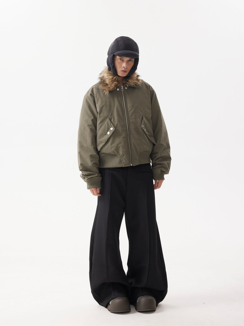 BTSG FUR Detachable Plush Collar Cropped Cargo Jacket