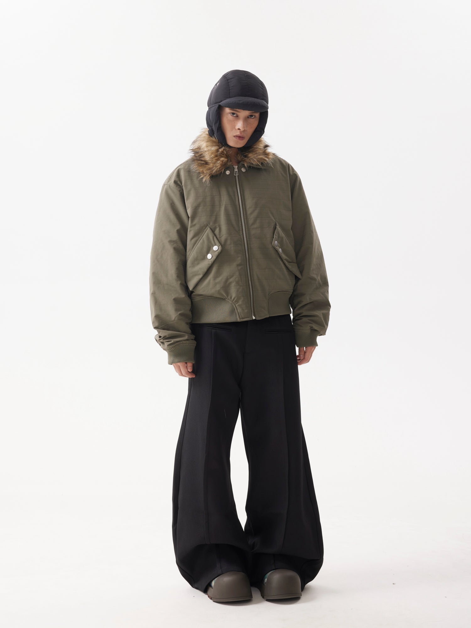 BTSG FUR Detachable Plush Collar Cropped Cargo Jacket