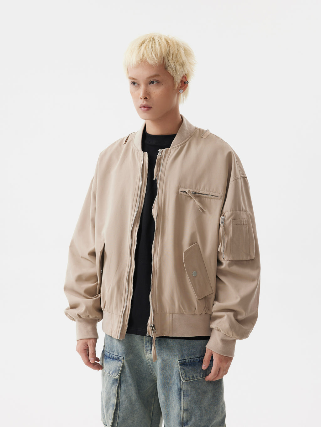 BTSG Heavy Duty Double Zipper Multi Pocket Cropped Bomber Jacket