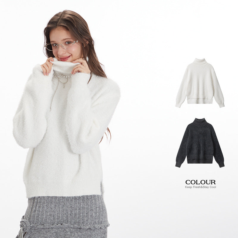 Nariele Solid Color Turtle neck Sweater Loose Fluffy Sweater