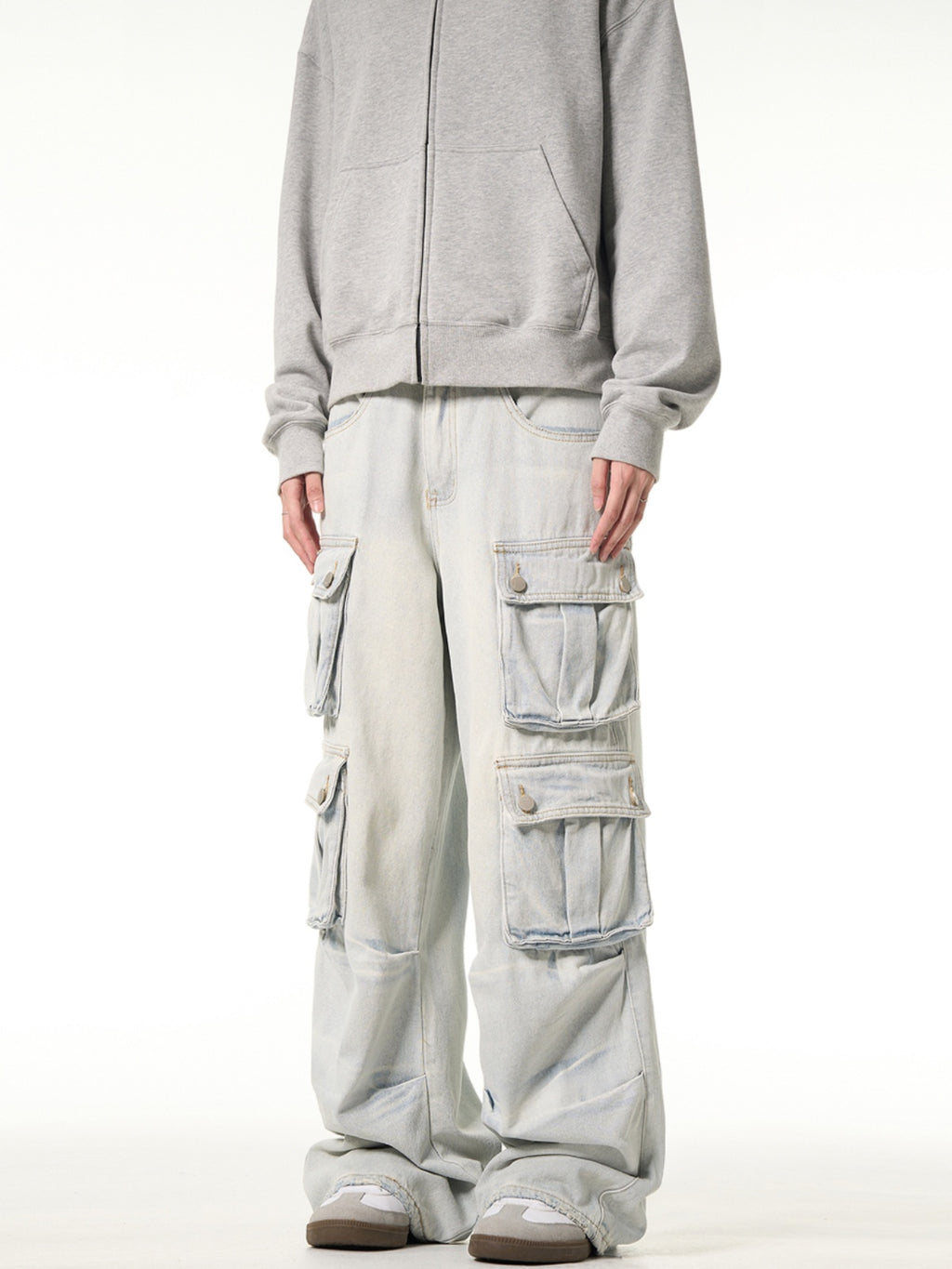 MADWITCH Washed Light Cargo Jeans Loose Multi-pocket Design Pants