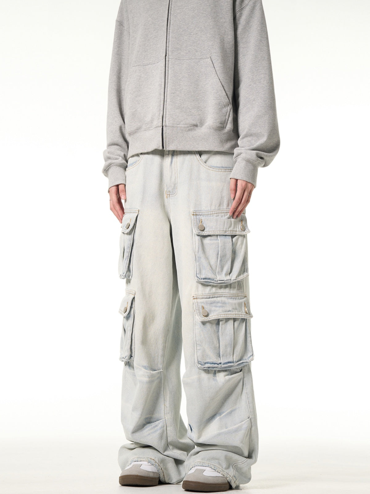 MADWITCH Washed Light Cargo Jeans Loose Multi-pocket Design Pants