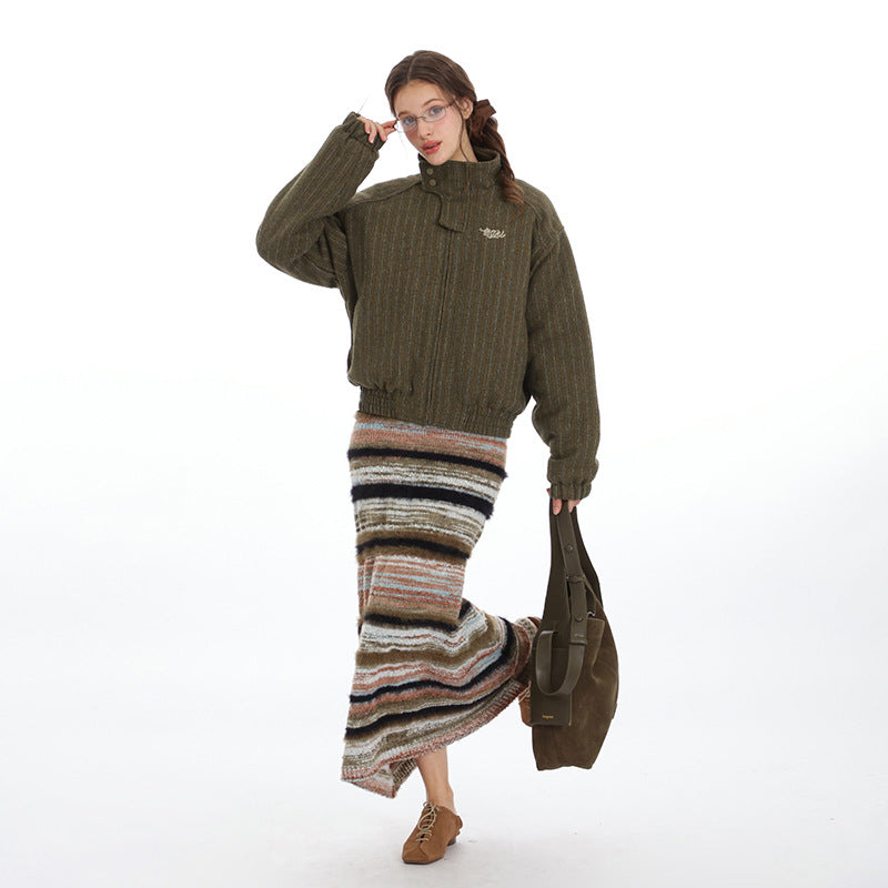 Nariele Puffy Casual Cropped Jacket Retro Loose Zip Padded Jacket