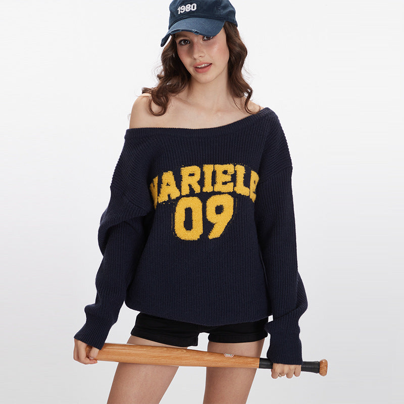 Nariele Letter  Loose Off-Shoulder Pullover Knit Vintage Casual Sweater