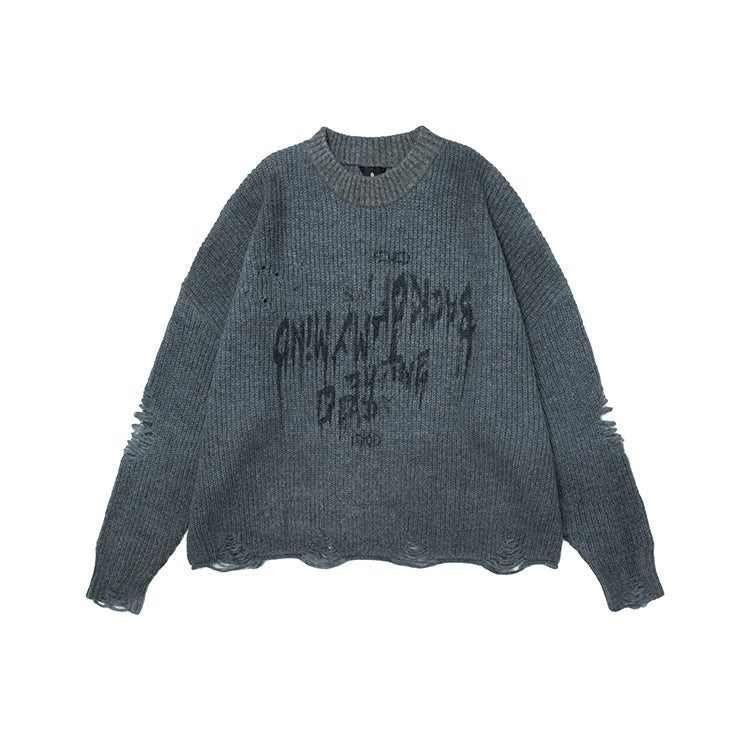 #OVDY street wear hollow ripped design round neck knitwear loose sweater