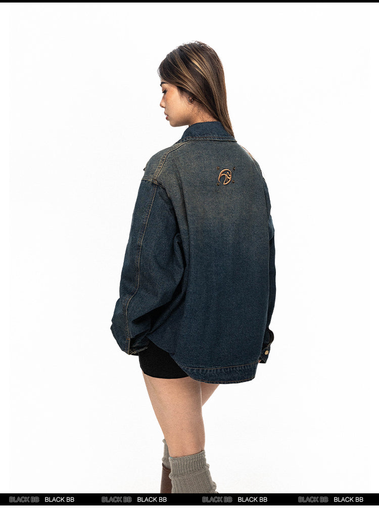 BLACKBB American Vintage Embroidery Washed Gradient Denim Zipper Up Jacket