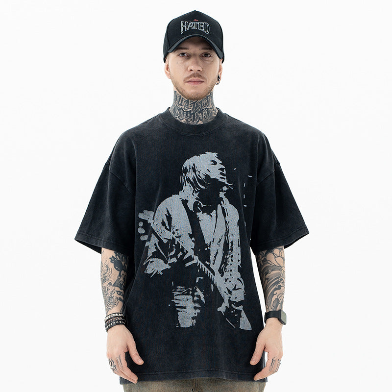 تي شيرت SUP أمريكي ثقيل الوزن ريترو روك جيتار مطبوع بأكمام قصيرة