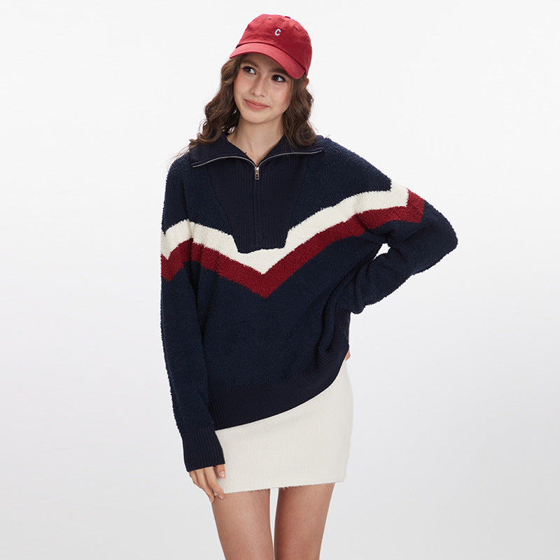 Nariele American Retro Style Striped Knit Loose Pullover Sweater