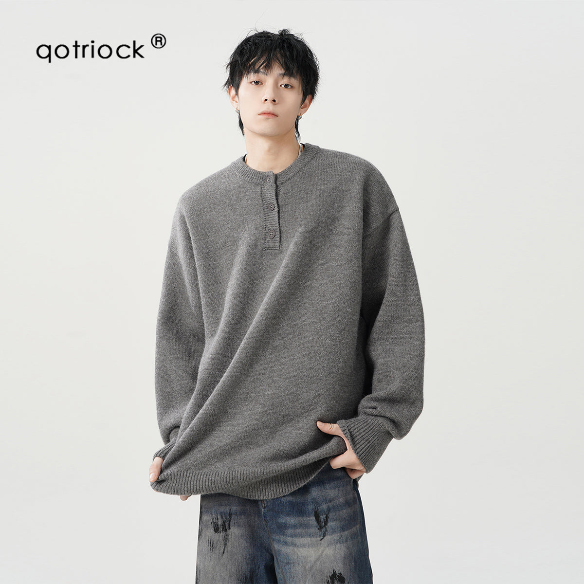 QOTRIOCK Henley Collar Sweater