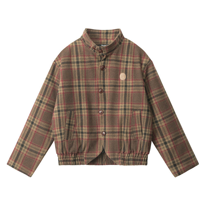 Nariele Y2K retro plaid Stand Neck Winter Slim short cotton jacket