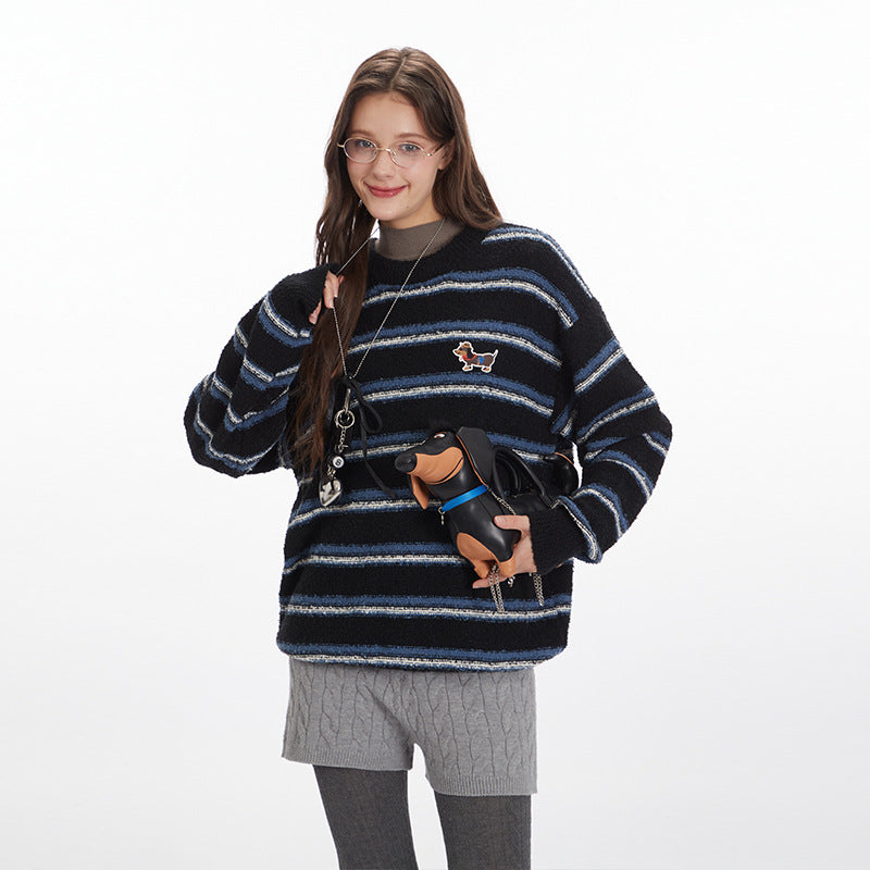 Nariele Retro Striped Crew Neck Sweater Loose Puppy Patchwork Knitwear