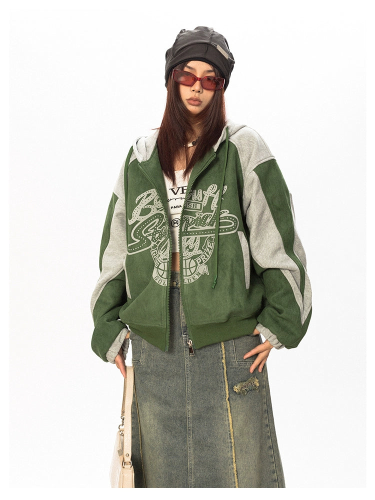 سترة BLACKBB من جلد الغزال المرقعة بغطاء للرأس ومطبوعة بسحاب