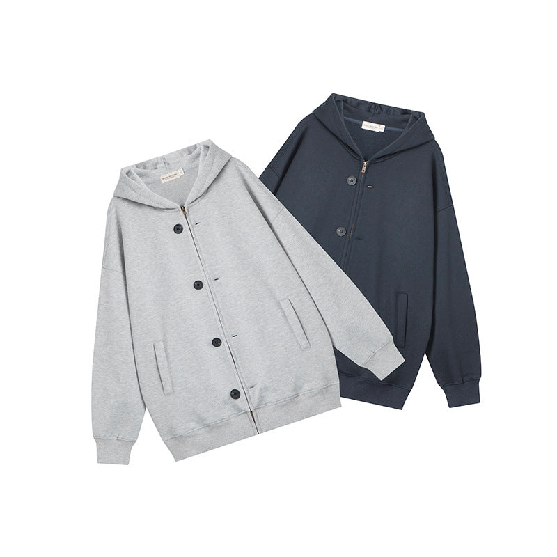 Nariele Retro Style Button Zipper Sweatshirt Loose Unisex Hoodie Jacket