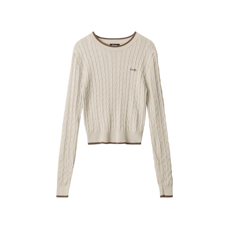 Nariele Embroidery Crew Neck Top Striped Long Sleeve Slim Knit Sweater