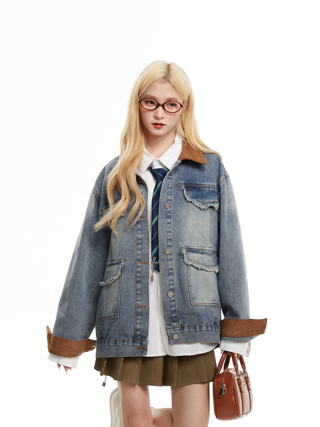 NERESUM denim jacket retro stitching design versatile student casual jackets