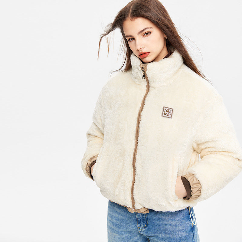 Nariele Reversible Retro Stand Collar Puffy Cropped Top Jacket