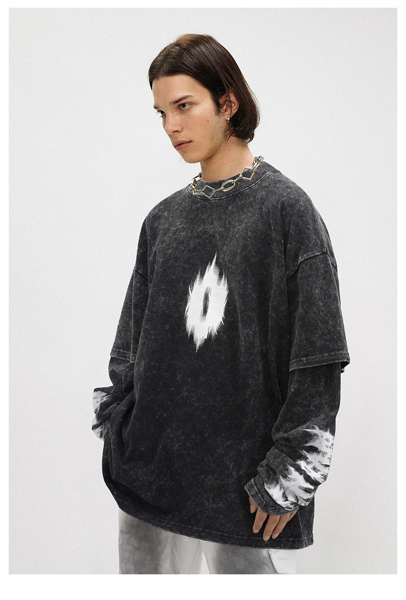 3OVDY Vintage Washed Fake Two Prints Retro Sweatshirt