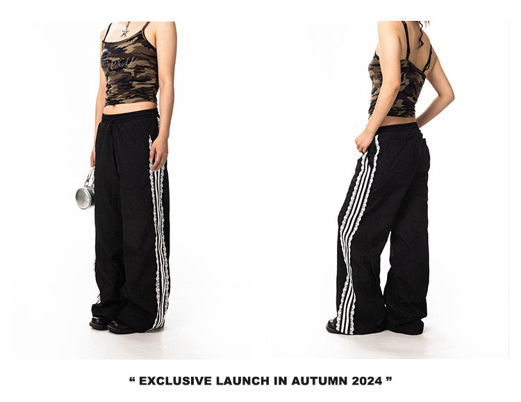BLACKBB Lace Trim Striped Wide Legs Pants Design