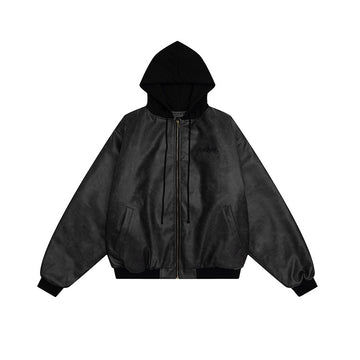 #OVDY Street Wear Retro Loose Thick Hood Zipper Leather Jacket