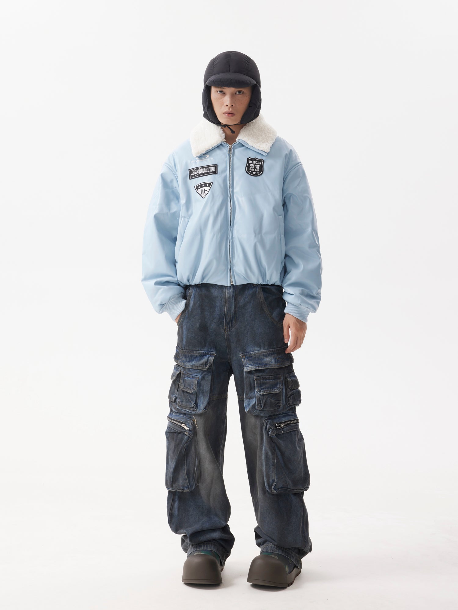 BTSG Leather Fur Collar Stitched Badges Padded Jacket