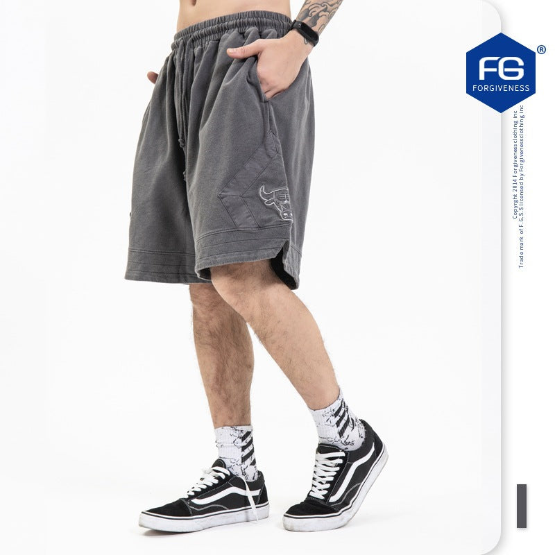 FORGIVNESS  Washed Distressed Retro Bull Head Embroidery Basketball Short