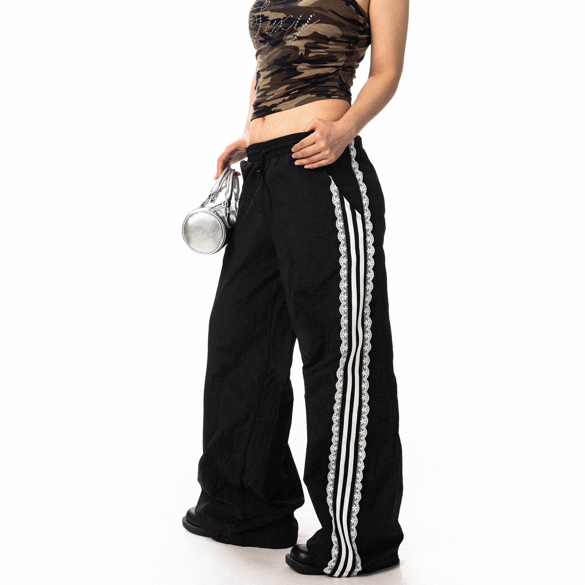 BLACKBB Lace Trim Striped Wide Legs Pants Design