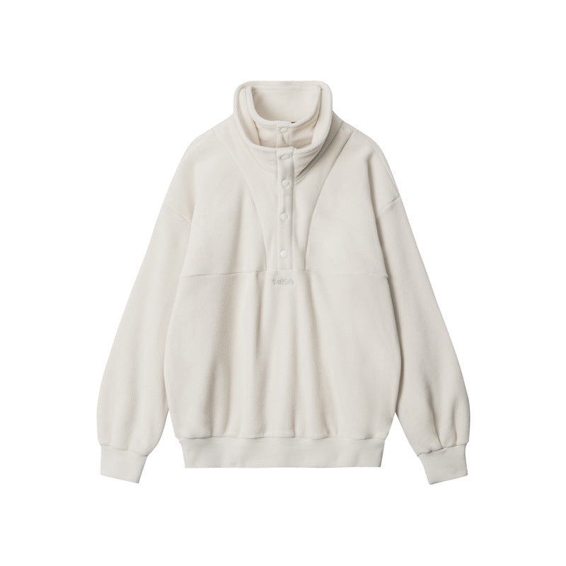 Nariele Double Collar Design Fall Winter Lazy Cardigan Sweatshirt Puffy Fleece Casual Top