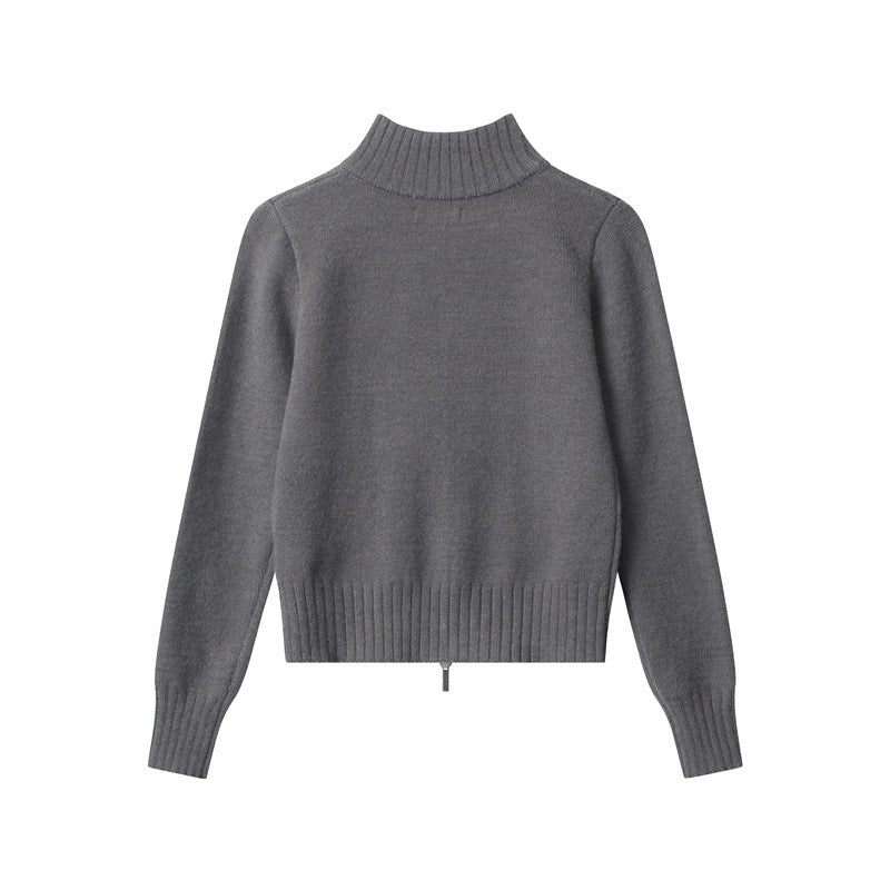 Nariele knitted cardigan letter embroidery knit sweater stand collar slim cropped Top