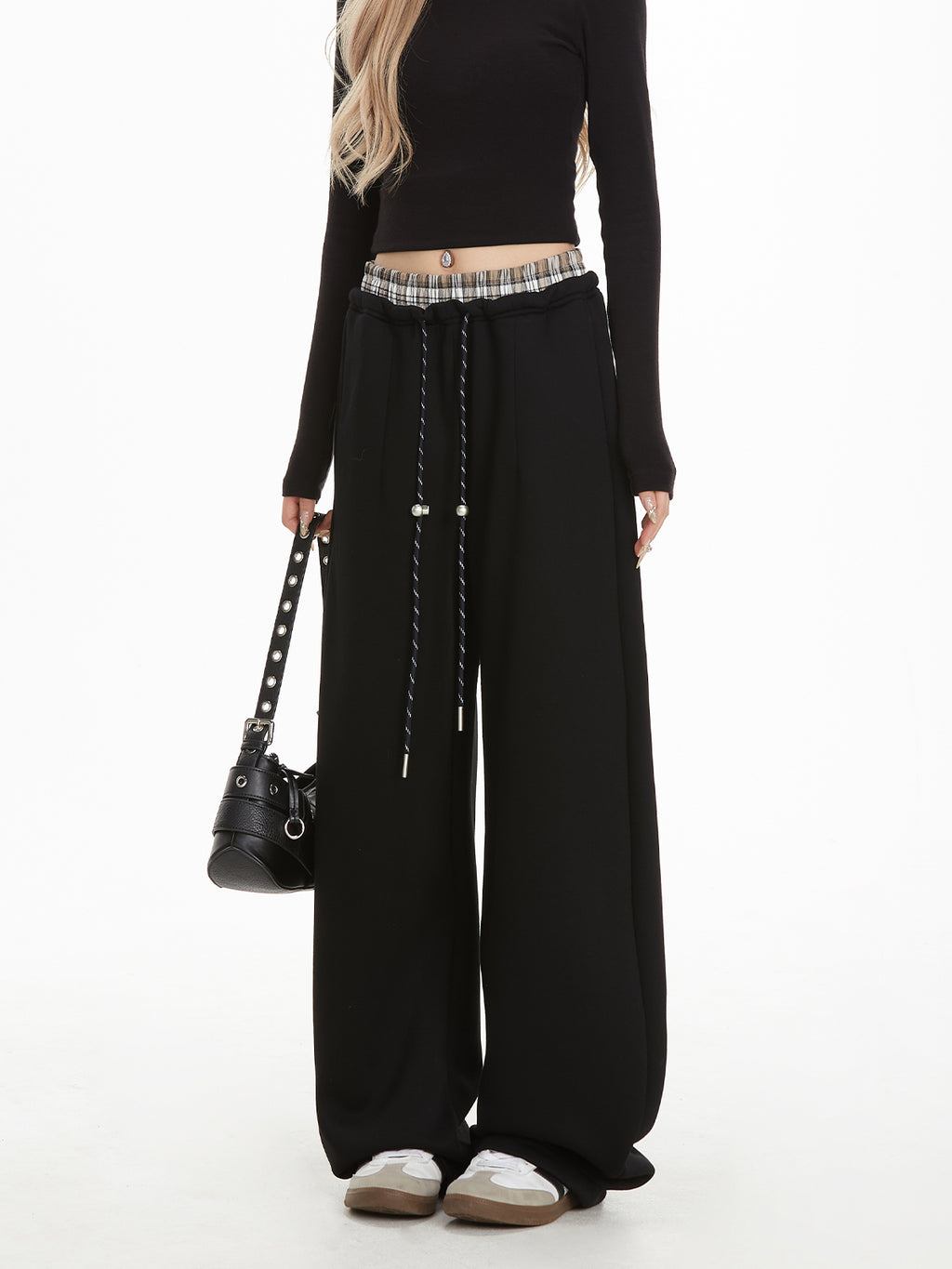 NERESUM Loose Sweatpants Double Waist Drawstring Straight Casual Pants