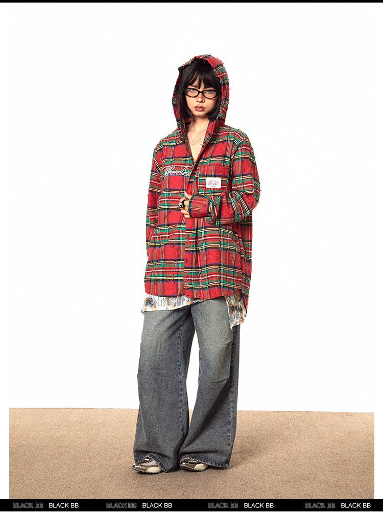 BLACKBB Vintage Embroidered Patch Shirt Red Plaid Raw Top