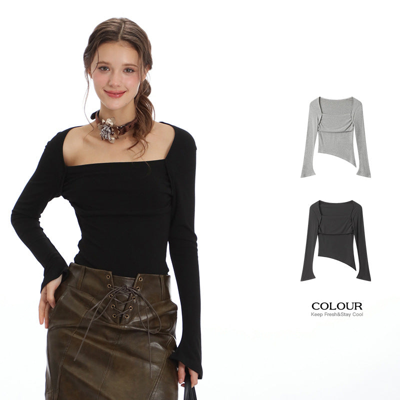 Nariele Square Neck Solid Color Slim Fit Crop Top Irregular Hem Long Sleeve T-Shirt