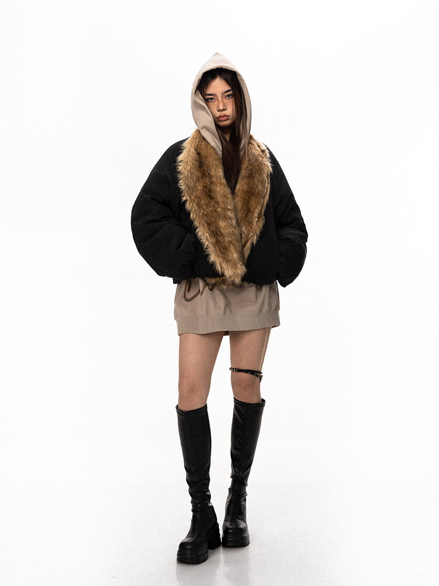 سترة BLACKBB بياقة فرو واسعة من القطن