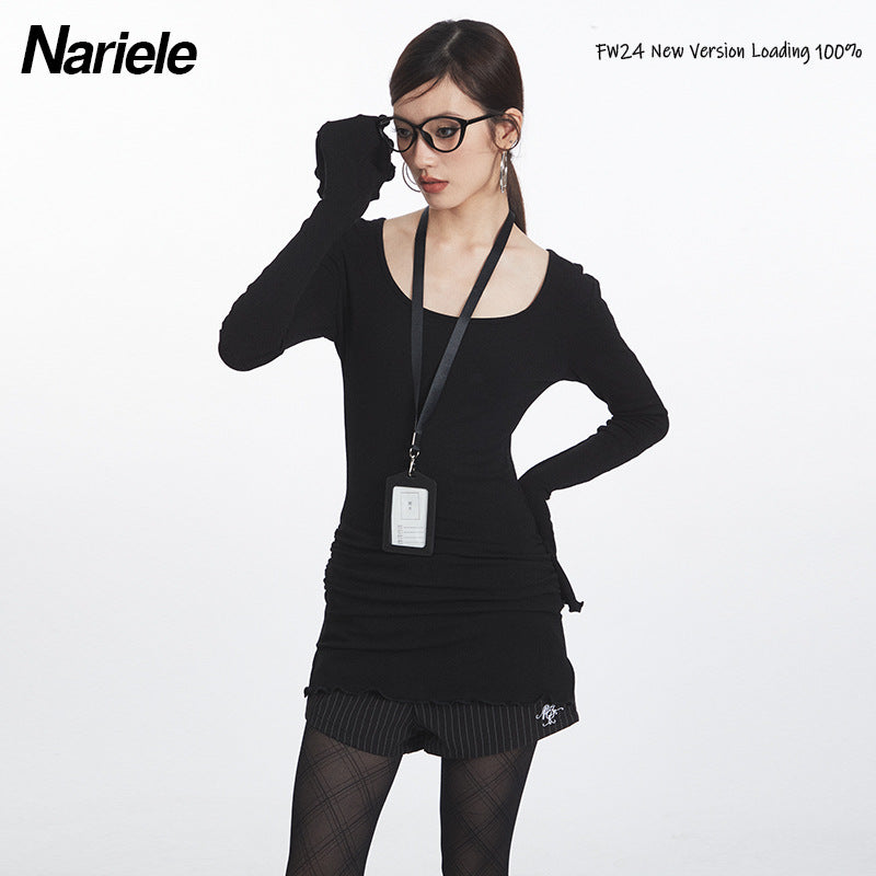 Nariele Thin Ruffle Design Bell Sleeve Sweet Babes Irregular Slim Long Sleeve Top