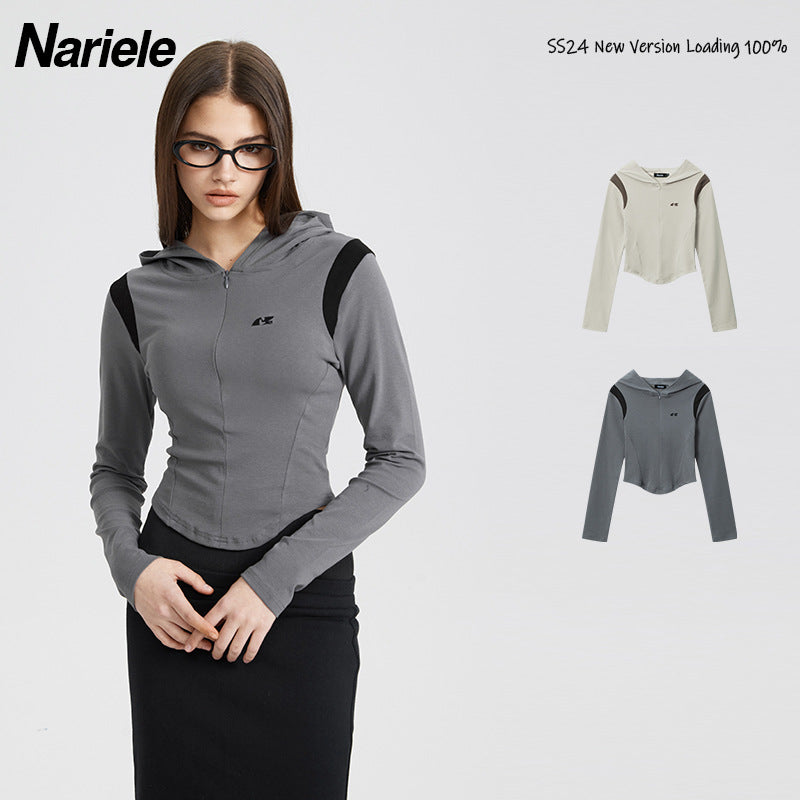 Nariele Casual Slim Long Sleeve Crop Top Fit Jacket Hoodie