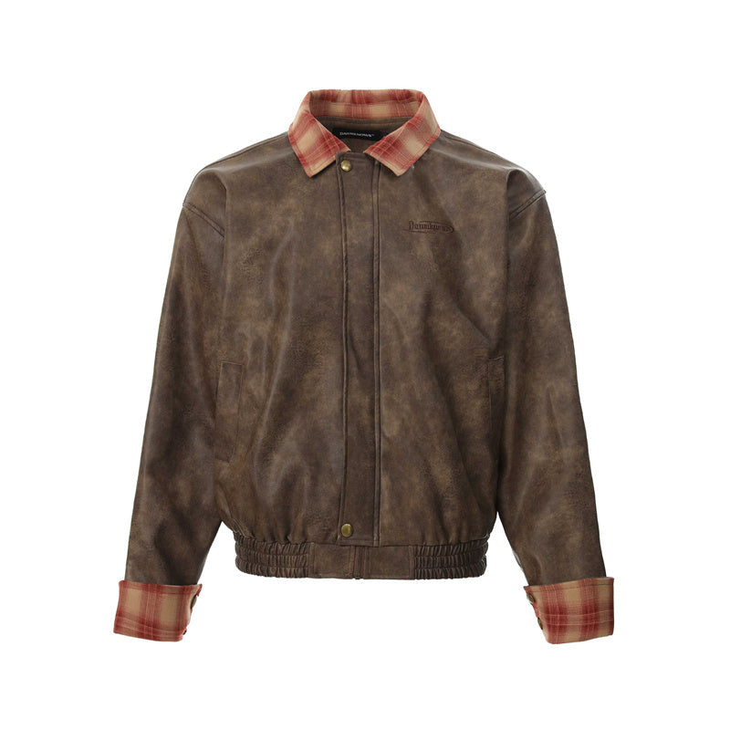 BTSG Lapel Plaid Panel Leather Jacket