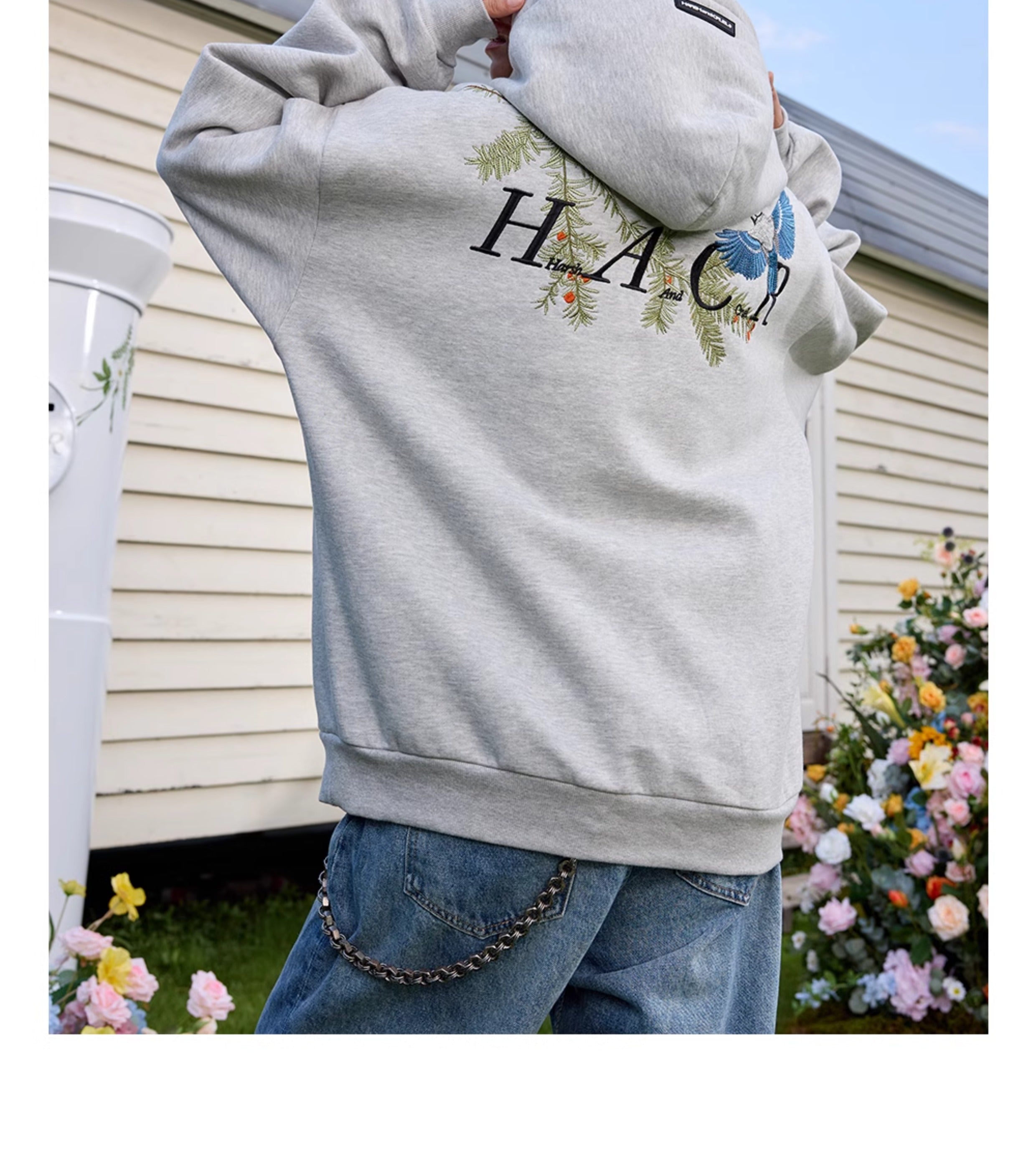 Harshandcruel Chinese Pine Needle Flying Bird Over-the-shoulder Embroidered HACR Hoodie