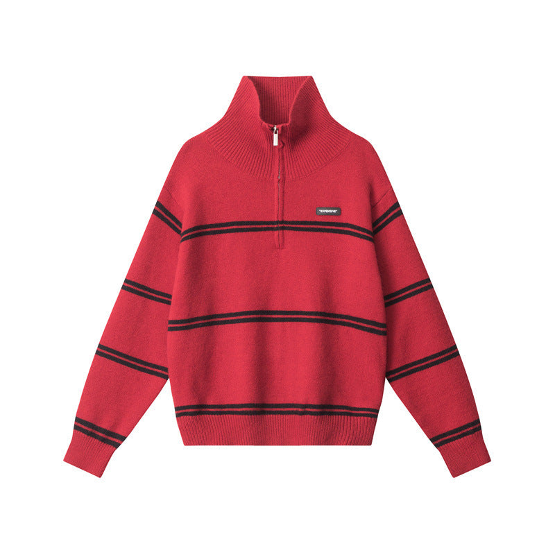 Nariele American Retro Sweater Lazy Loose Pullover Knit Half Zipper Jacket