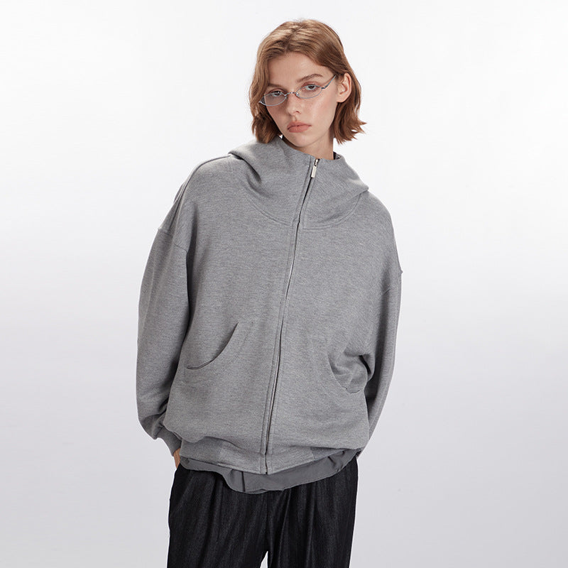 Nariele Retro Style Heavy Hoodie Trendy Zipper Solid Color Jackets