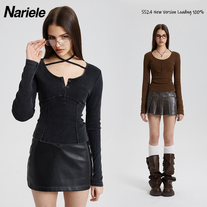 Nariele American solid color lace-up long sleeve Crop Top