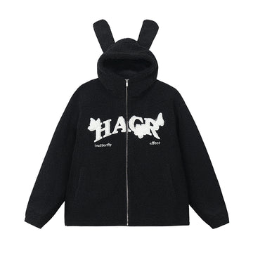 Harshandcruel Plush Ears Butterfly Floral Patch Embroidered Lambswool Hoodie