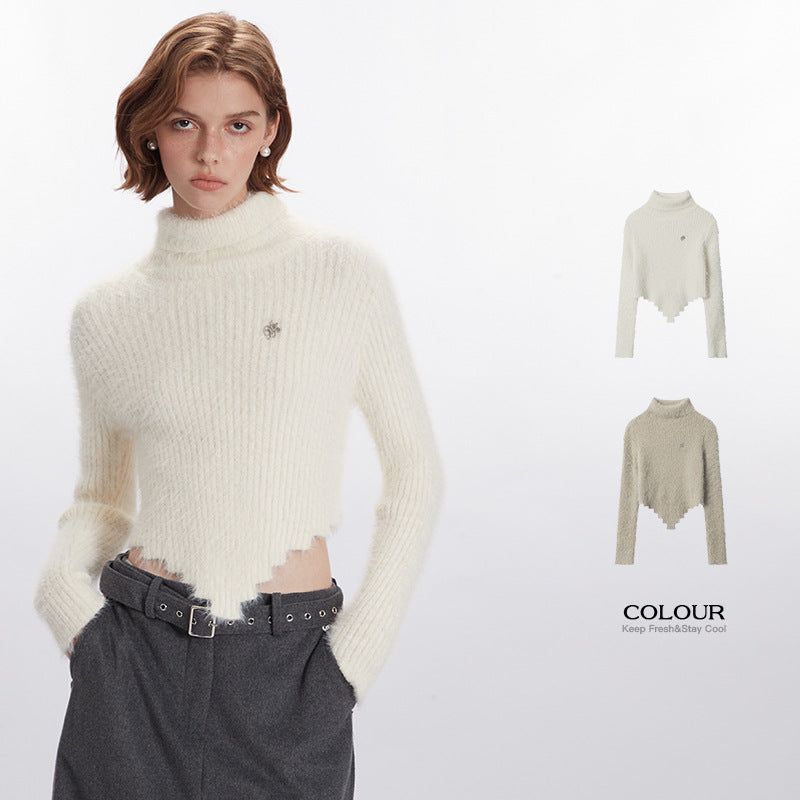 Nariele New Hem Irregular Design Turtleneck Knitting Niche Cropped Top Slim Fit Sweater