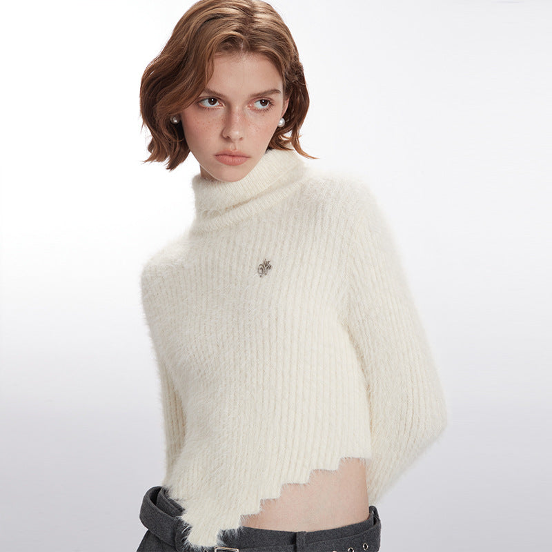 Nariele New Hem Irregular Design Turtleneck Knitting Niche Cropped Top Slim Fit Sweater