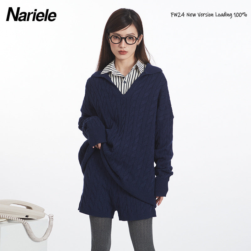 Nariele New Polo Collar Sweater Set Pullover Twist Knitting Shorts Top Set