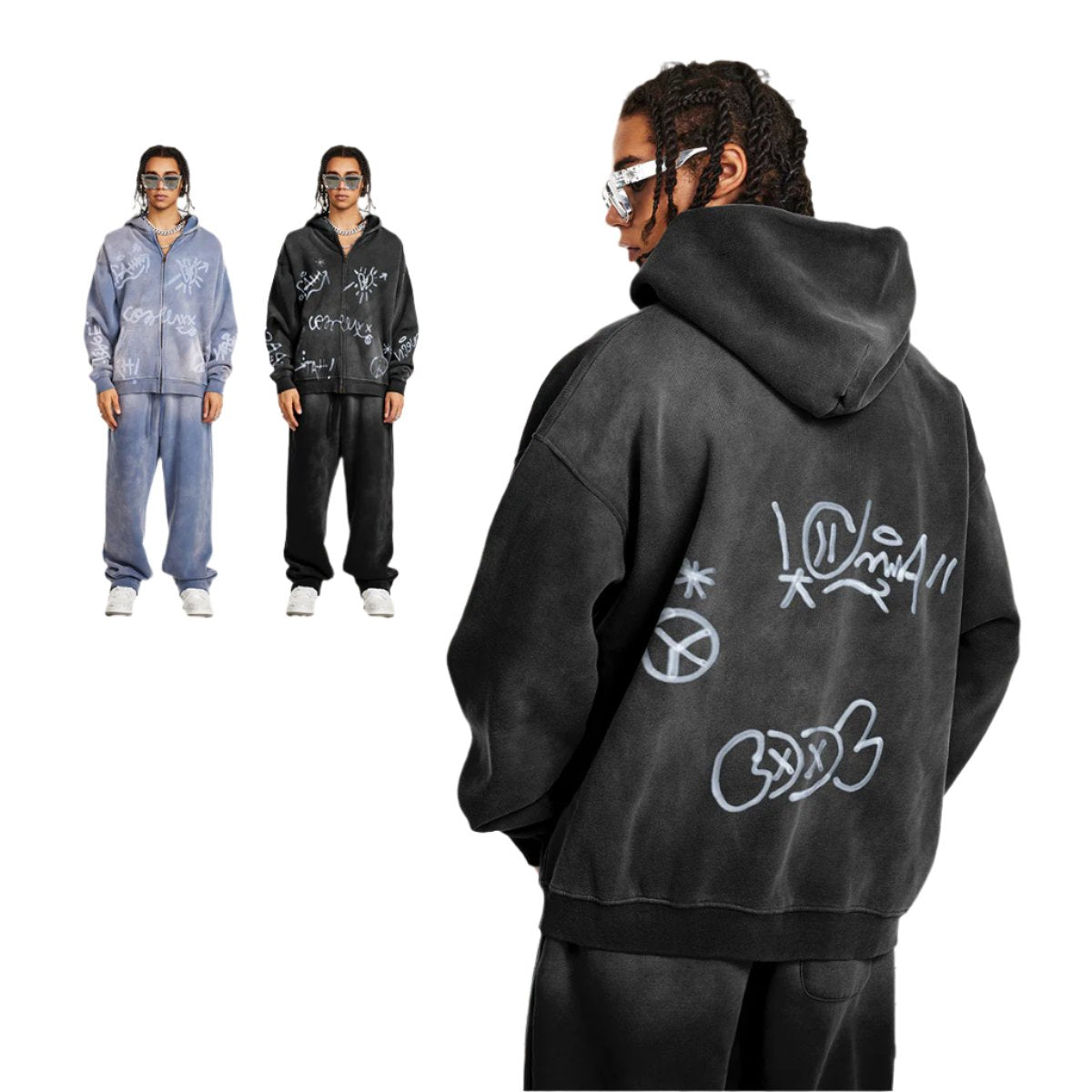 BE Winter Graffiti مرسومة يدويًا على هوديي بسحاب