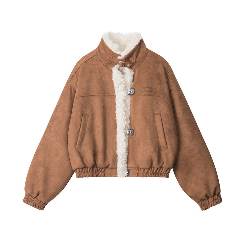 Nariele American retro stand collar Fur loose short  jacket