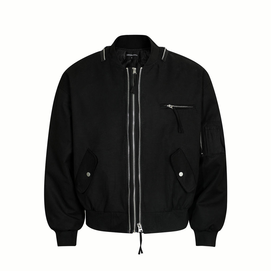 BTSG Heavy Duty Double Zipper Multi Pocket Cropped Bomber Jacket
