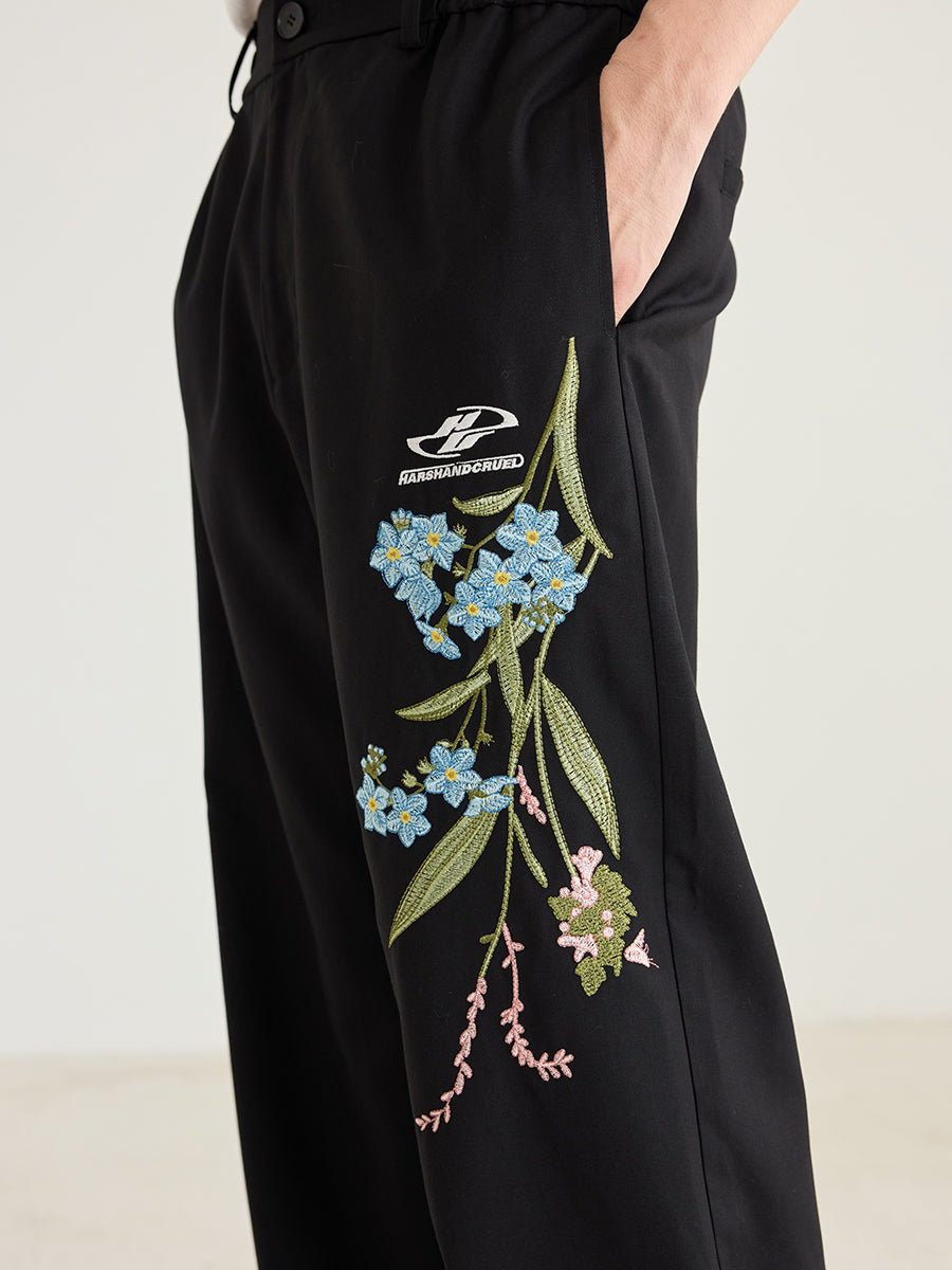 Harshandcruel floral embroidery three-dimensional slim trousers